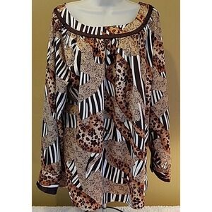 Kaelyn Women's 1X Satin Patchwork Cheetah Zebra Lace Blouse Tunic Statement Top